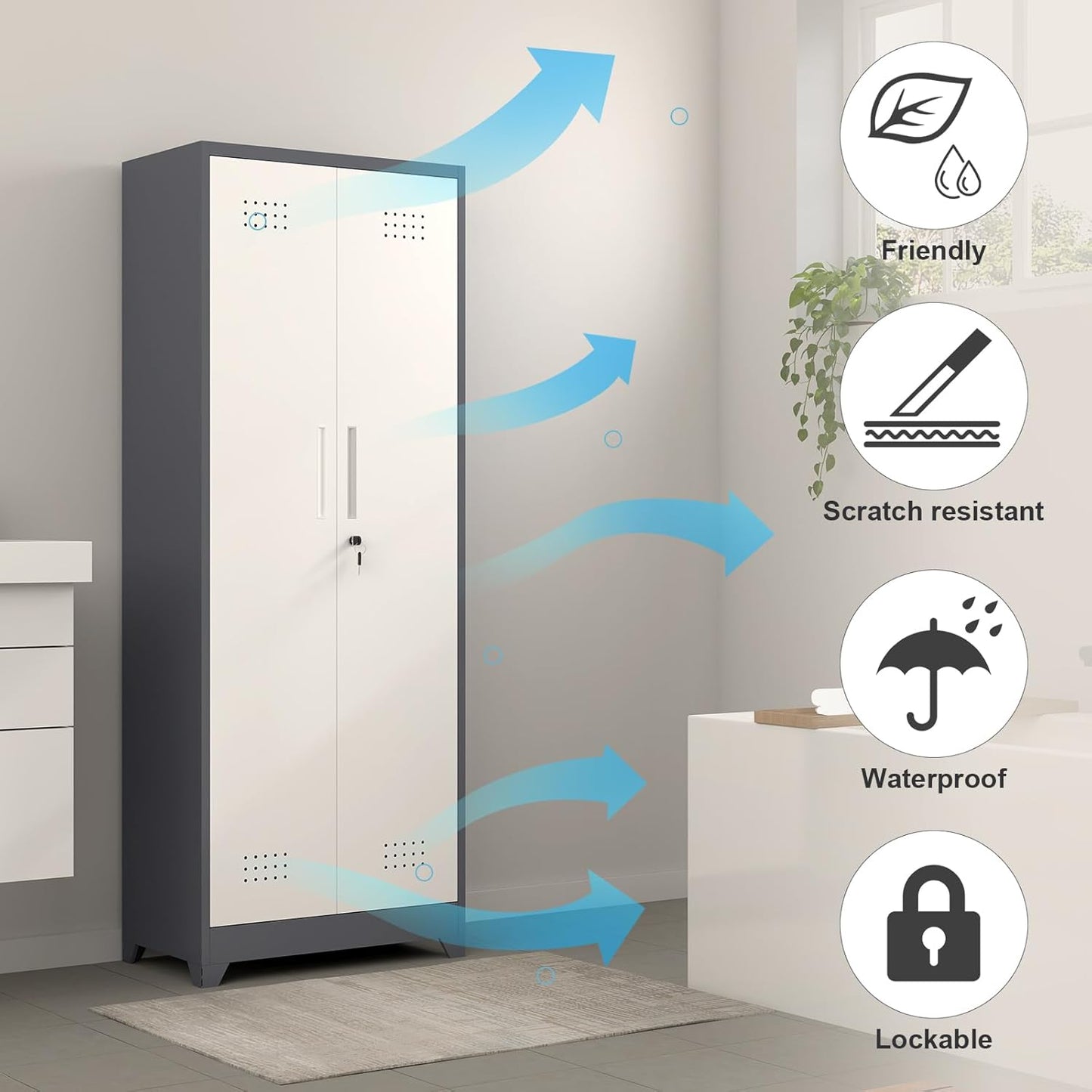 Metal Cabinets with Doors and Adjustable Shelves, 65" H Lockable Storage Cabinet, Grey-White Utility Cabinet for Brooms and Mops for Home,Kitchen,Garage