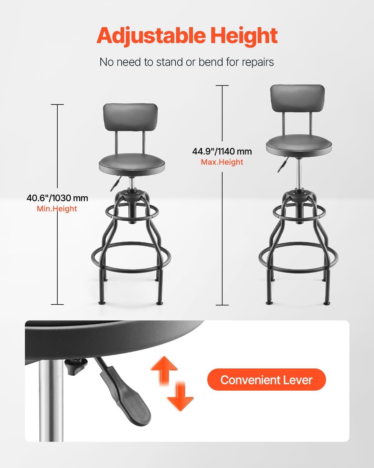 VEVOR Shop Stool with Backrest, Pneumatic Garage Seat/Work Stool with 300 lbs Capacity, Adjustable Height Roller Creeper Seat, 360° Swivel Padded Workshop Stool, for Garage, Shop & Auto Repair, Black