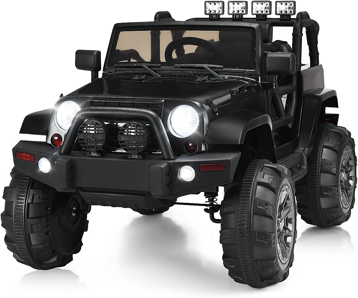 Costzon Ride On Car, 12V Battery Powered Electric Ride On Truck w/Parental Remote Control, LED Lights, Double Open Doors, Safety Belt, Music, MP3, Spring Suspension (Deluxe Black)