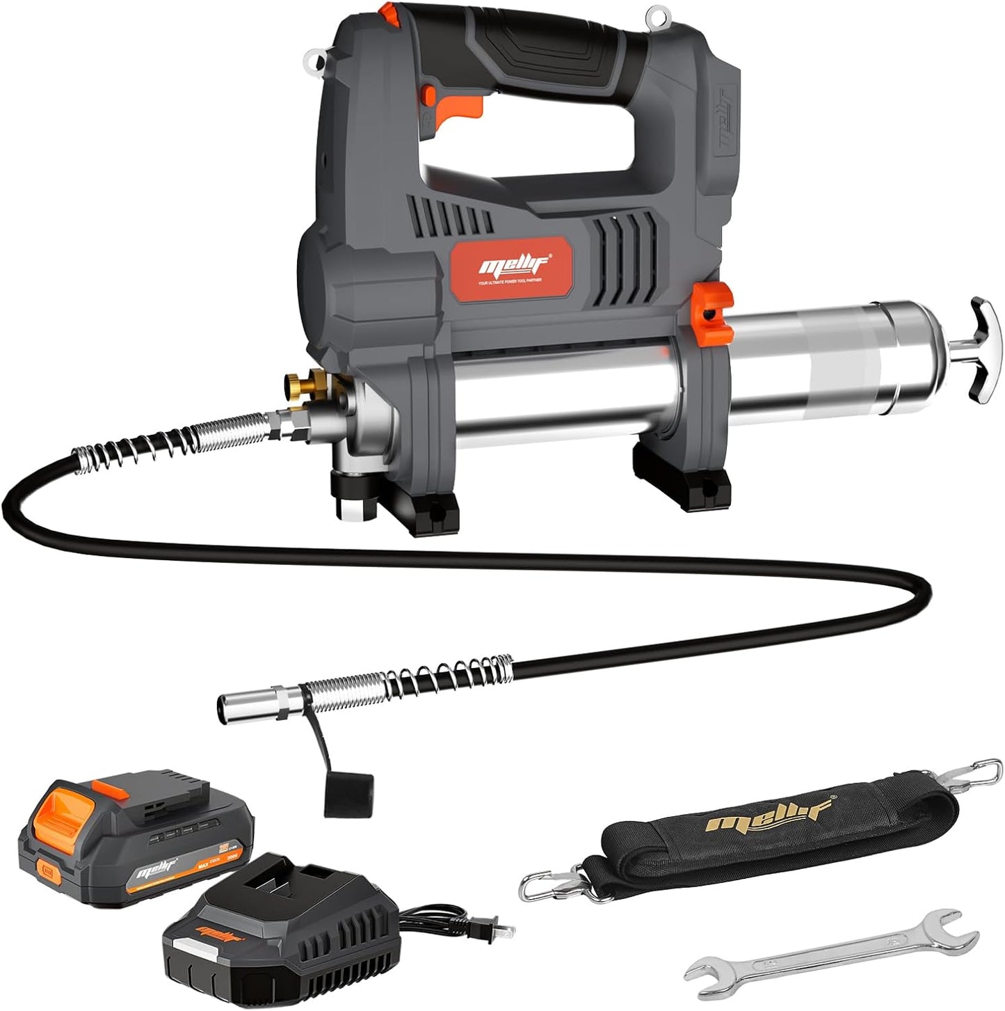 Mellif Cordless Power Grease Gun Compatible with DeWalt 20V MAX Battery, 10,000 PSI, Brushless Motor, 14 oz Capacity, 30" Hose, Built-in LED, Safety Lock, Includes 2.0Ah Battery & Fast Charger