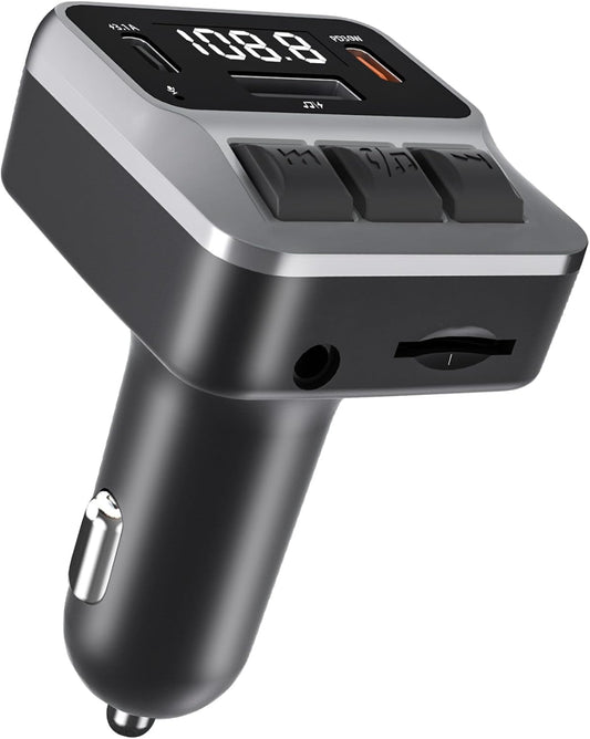 Bluetooth 5.3 FM Transmitter for Car, Bluetooth Car Adapter with Dual Type-C PD(30W) Charger Port and QC3.0 USB Port, Handsfree Calling and Audio Receiver, Support AUX, U Disk, TF Card