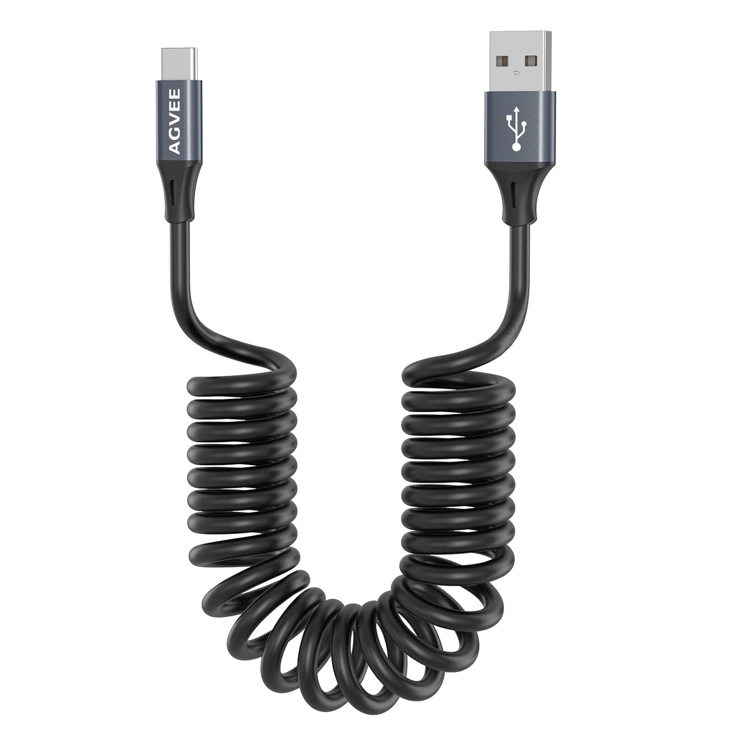 AGVEE 3ft Coiled Short USB to USB-C Charging Cable [USB-IF Certified] 3A Fast Charger Cord in Car for iPhone 16/15 CarPlay, Galaxy S25 S24 S23 S22 S21 S10 S9 S8, Google Pixel, Dark Gray