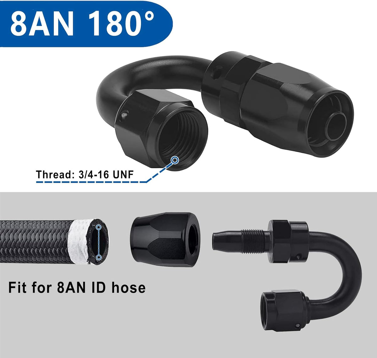LokoCar 8AN Hose End Fitting 180 Degree Swivel For CPE Braided Hose Black 2Pcs