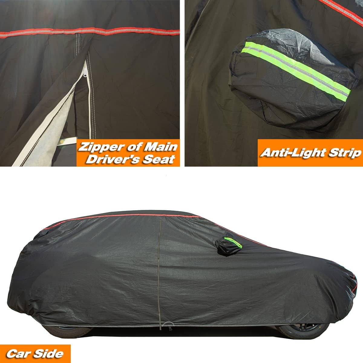 AUQDD 6-Layers PEVA New Material Sedan SUV Full Padded Car Cover Waterproof All Weather Weatherproof UV Sun Protection Snow Dust Storm Resistant Outdoor Exterior Custom Form-Fit Straps 205"-216" Black