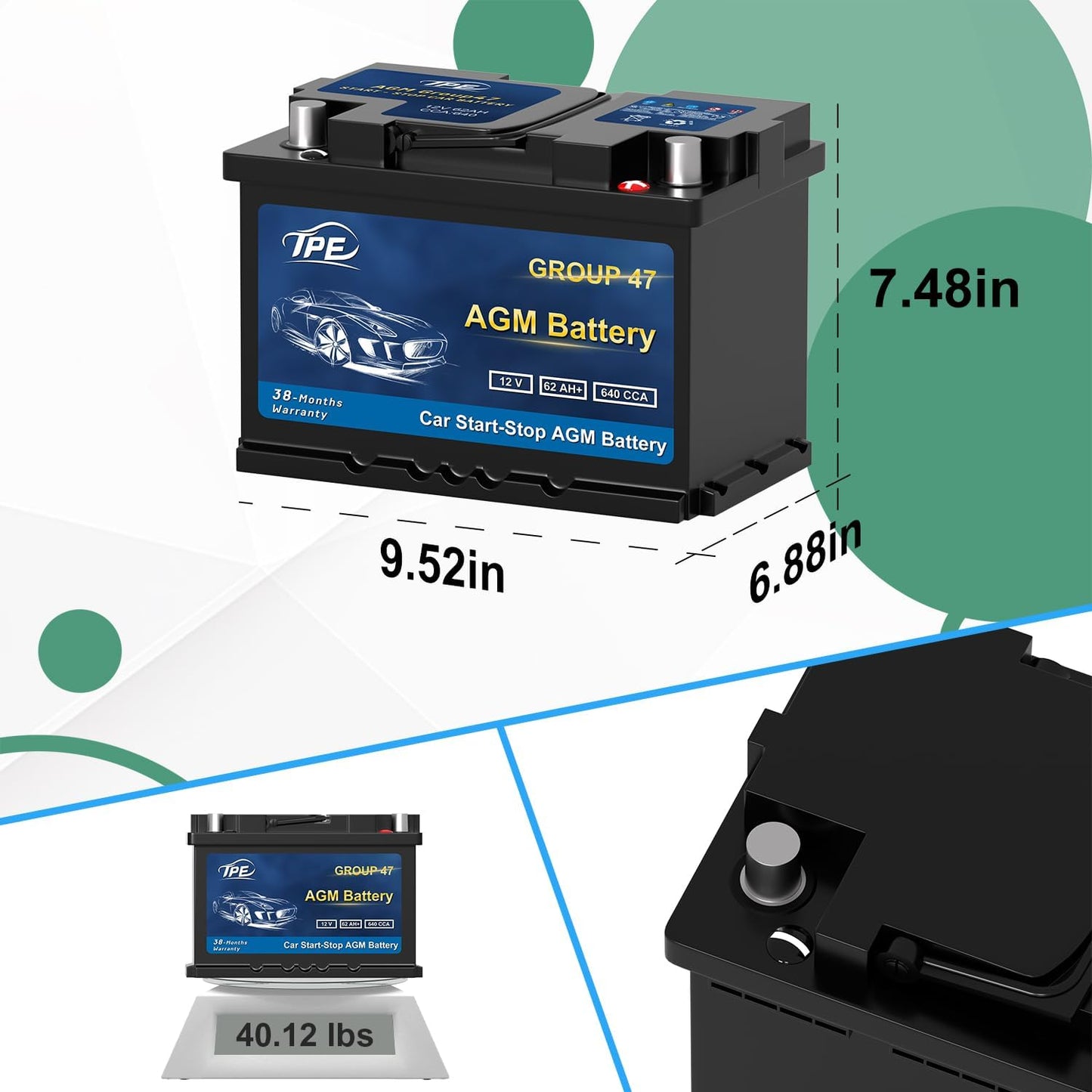 TPE AGM Battery BCI Group 47, Maintenance Free 12V 62Ah, H5 Size, 100RC, 640CCA, Automotive Battery, Reliable Performance for Cars Lead-Acid