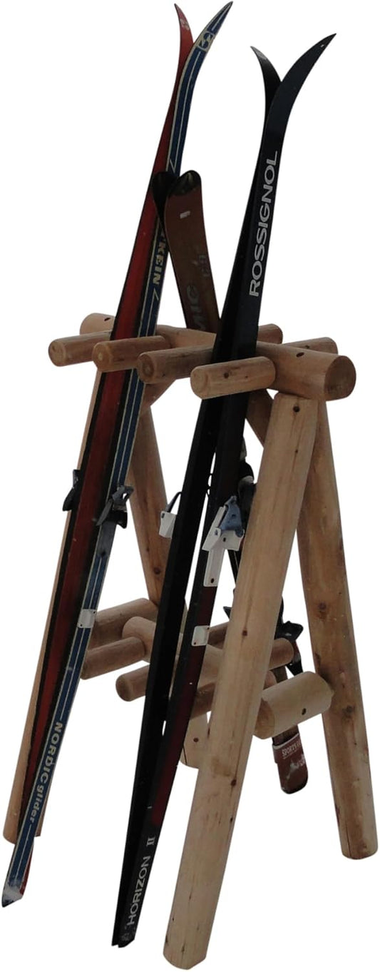 9-Place Freestanding Log Ski Rack Holder, Indoor & Outdoor Snowboard Racks, Standing Storage, Garage Racks for Snow Skis & Poles, Durable Snowboard Rack Garage Storage Organizer - Canyon Brown