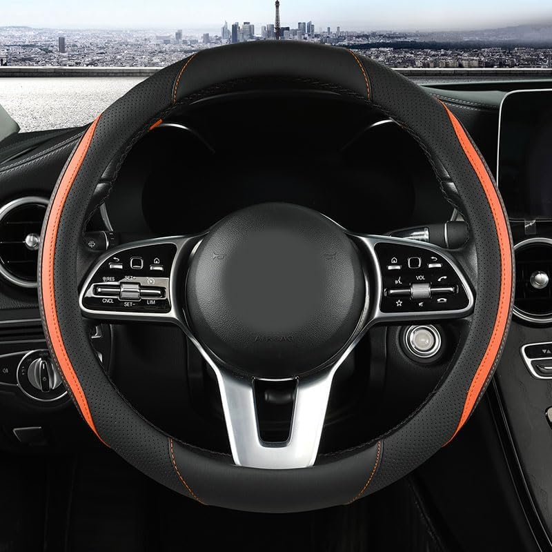 Car Steering Wheel Cover, Leather Steering Wheel Cover Orange Universal 14.5-15 Inch Microfiber Leather Anti-Slip Breathable Auto Steering Wheel Covers for Men Women (Black&Orange)