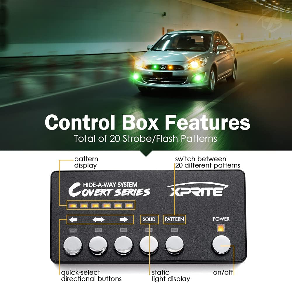 Xprite Amber Green LED Hideaway Strobe Lights Kit 20 Flashing Patterns w/Control Panel Headlights Taillights Fog Marker Light Mounting, for Roadside Emergency Vehicles Trucks SUV Vans 12V Cars 6 PCs