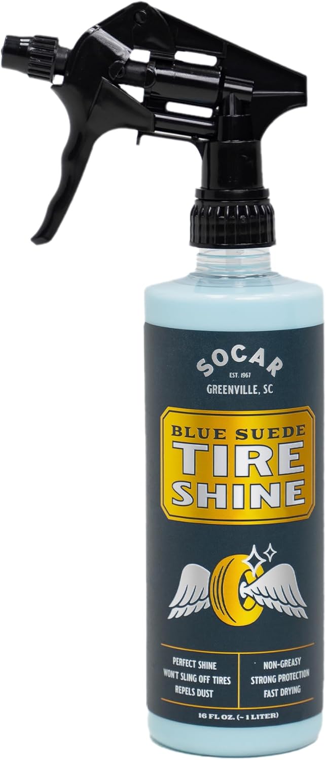 SOCAR Blue Suede Tire Shine Spray & Protectant. New-Tire Smooth Shine. for Rubber, Vinyl, Plastic, Leather, 16 fl oz. UV Protection, No Sling, for Cars, Motorcycles, RVs.