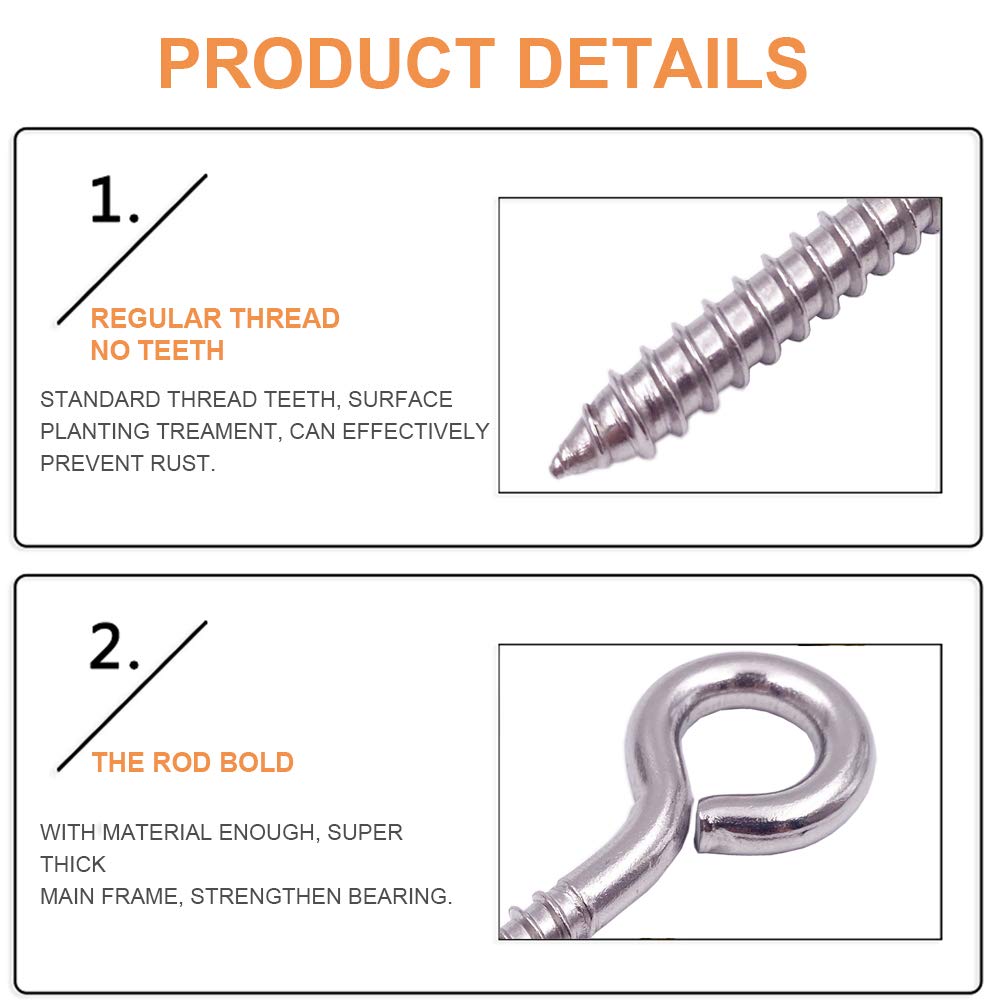 24 Pack, 3-1/5 Inch 304 Stainless Steel Eye Shape Screws Metal Hook, Heavy Duty Hanging Hooks Eyelet Screws Bolt for Yoga & Brazilian Hammocks, Swing Chair, M6 Screw (Style B)
