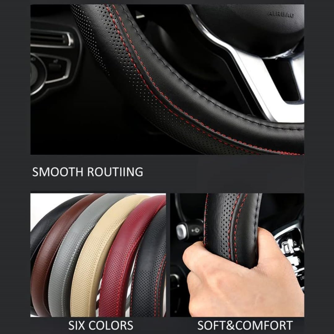 Cowhide Steering Wheel Cover Heat Resistant Anti-Slip Car Wheel Wrap Compatible with Most Makes and Models of Cars and Trucks with 14.5 to 15 Inch Steering Wheel(Gray)