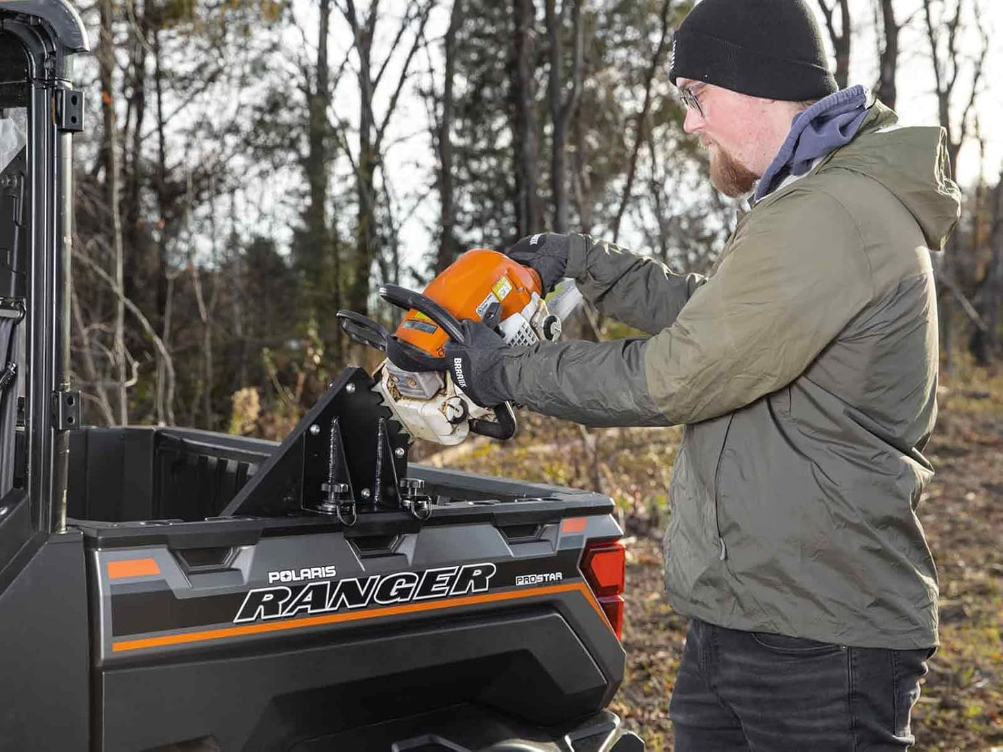 SuperATV Chainsaw Mount for Polaris Ranger and Polaris General (All Years and Models) | Includes Latch & Go Tie Downs for Easy Install | Made from Heavy-Duty UHMW | UV-Resistant Powder Coating