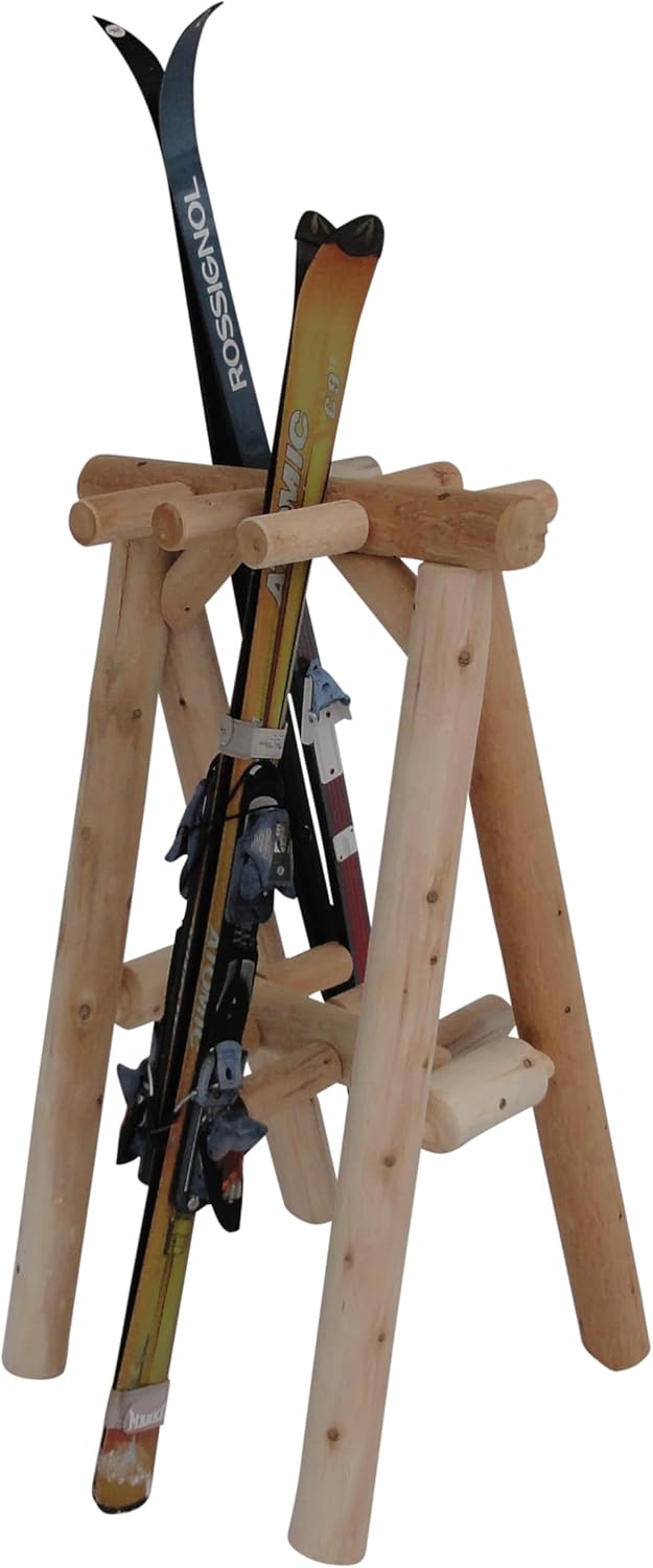 9-Place Freestanding Log Ski Rack Holder, Indoor & Outdoor Snowboard Racks, Standing Storage, Garage Racks for Snow Skis & Poles, Snowboard Rack Garage Storage Organizer- Canyon Brown + 15" Anchor Kit