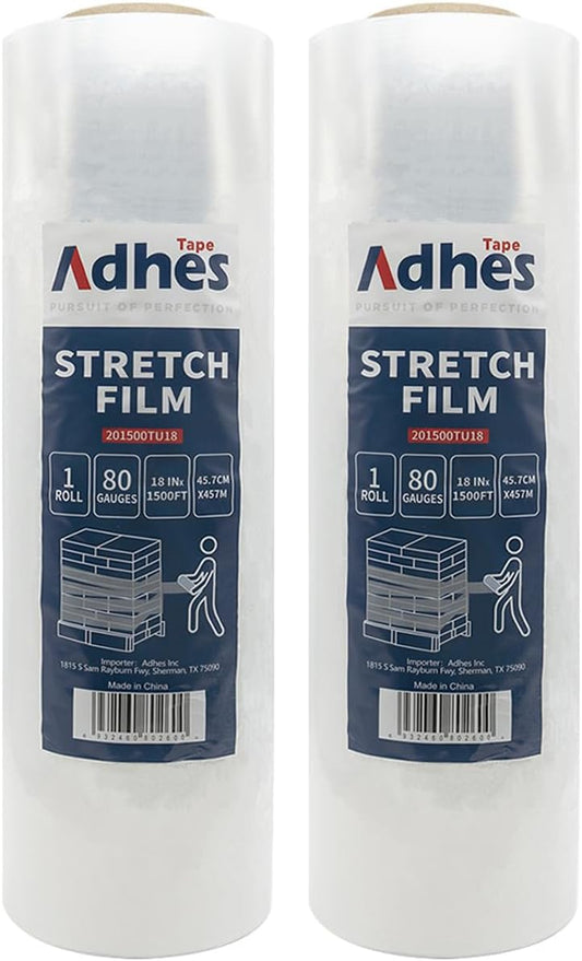 ADHES Heavy Duty Shrink Wrap Roll, 18 Inch x 1500 Feet, 2-Pack Stretch Wrap Stretch Film, 80 Gauge Industrial Strength Plastic Moving Rrap for Pallet Wrap, Furniture Wrapping Moving & Protection