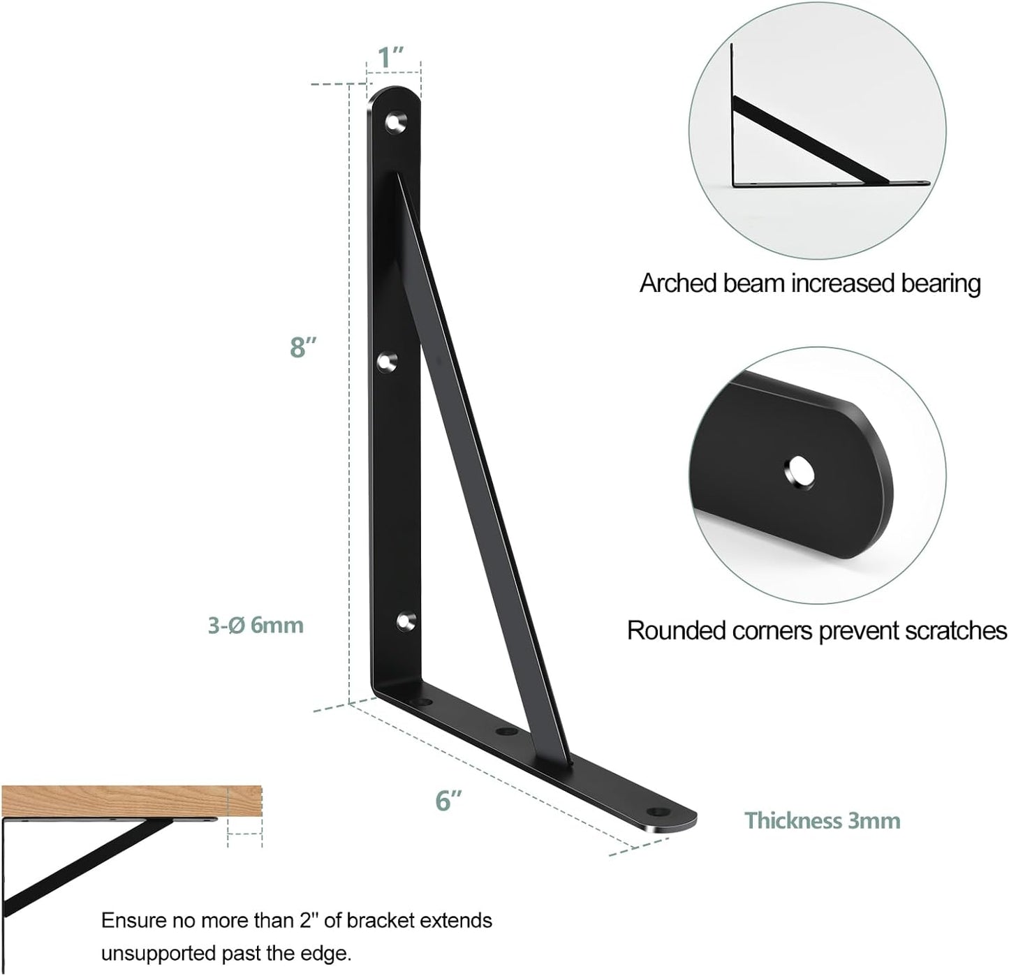 6 Pack L8 x H 6" Black Heavy Duty Shelf Brackets with Screws Metal Shelf Brackets Shelf Support Angle Brackets for Shelves L Brackets Heavy Duty Floating Shelf