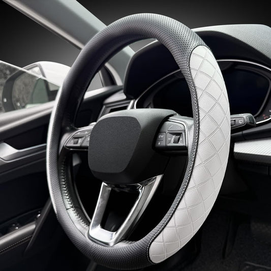 LKWLIKEI Nappa Leather Steering Wheel Cover, Elegant Diamond Checkered Design, Non-Slip wear-Resistant, Enhance Driving Comfort, Suitable for Steering Wheel Diameter 14 1/2‘-15’ Models.Black White