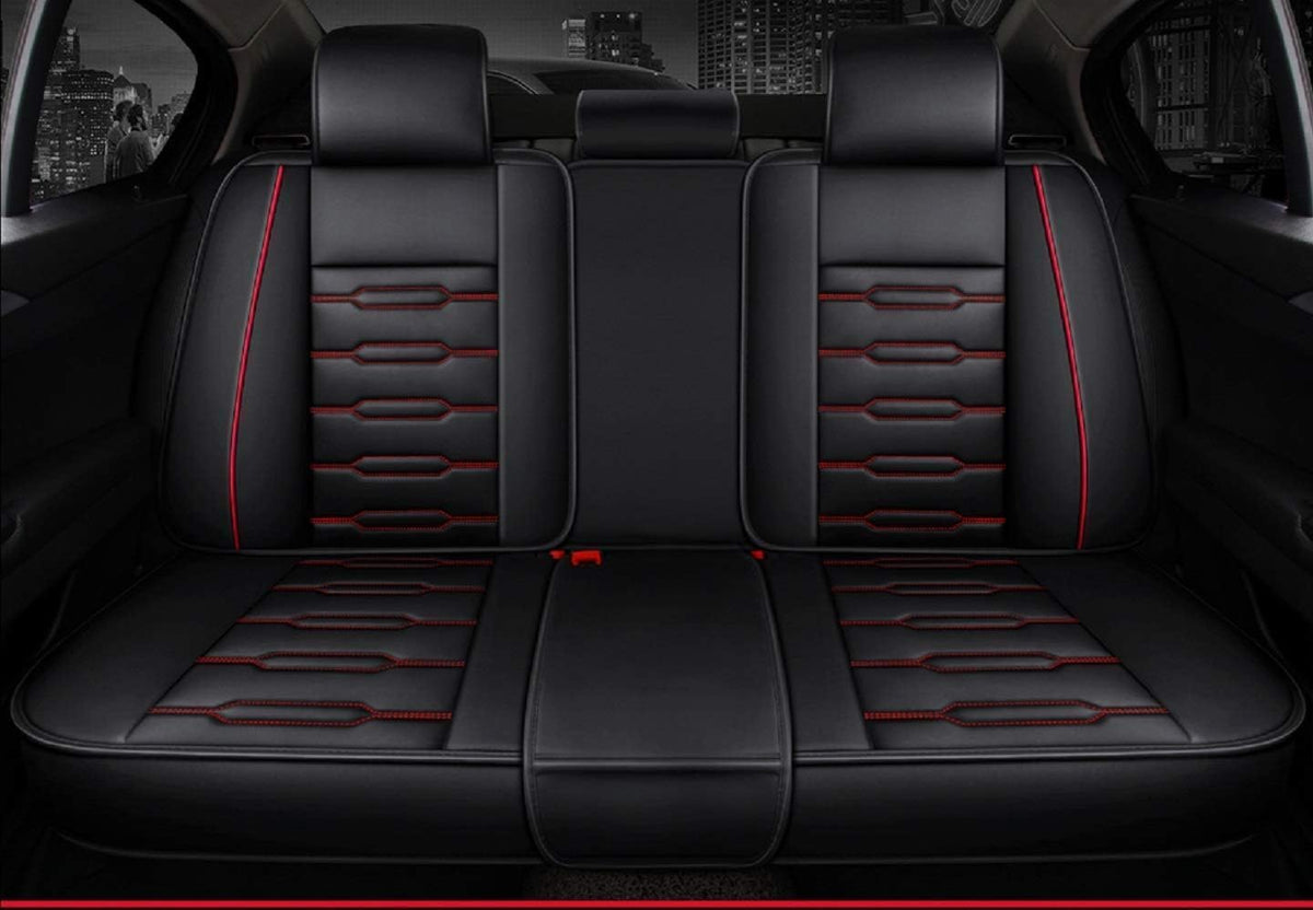Seat Covers Full Set, Waterproof Leather Seat Covers for Cars, 5 Seats Universal Car Seat Protectors, Black Car Seat Covers Car Seat Cushions Fit for Most Cars (Black-red)