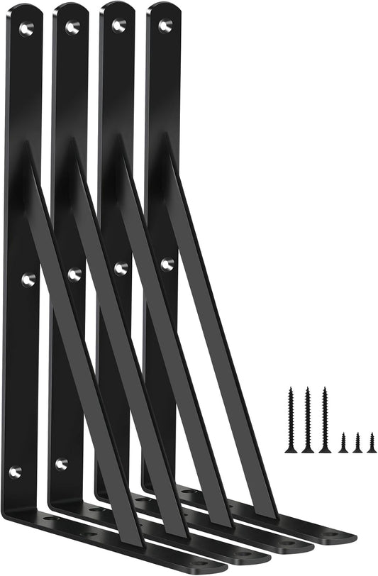 4 Pack L12 x H 8" Black Heavy Duty Shelf Brackets with Screws Metal Shelf Brackets Shelf Support Angle Brackets for Shelves L Brackets Heavy Duty Floating Shelf