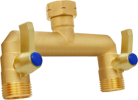 Brass Garden Hose Splitter, Garden Hose Splitter 2 Way Heavy Duty, with 2 304 Stainless Steel Extension Handles, 2-Way Y-Valve 3/4” GHT Threads (Increase Flow Style)