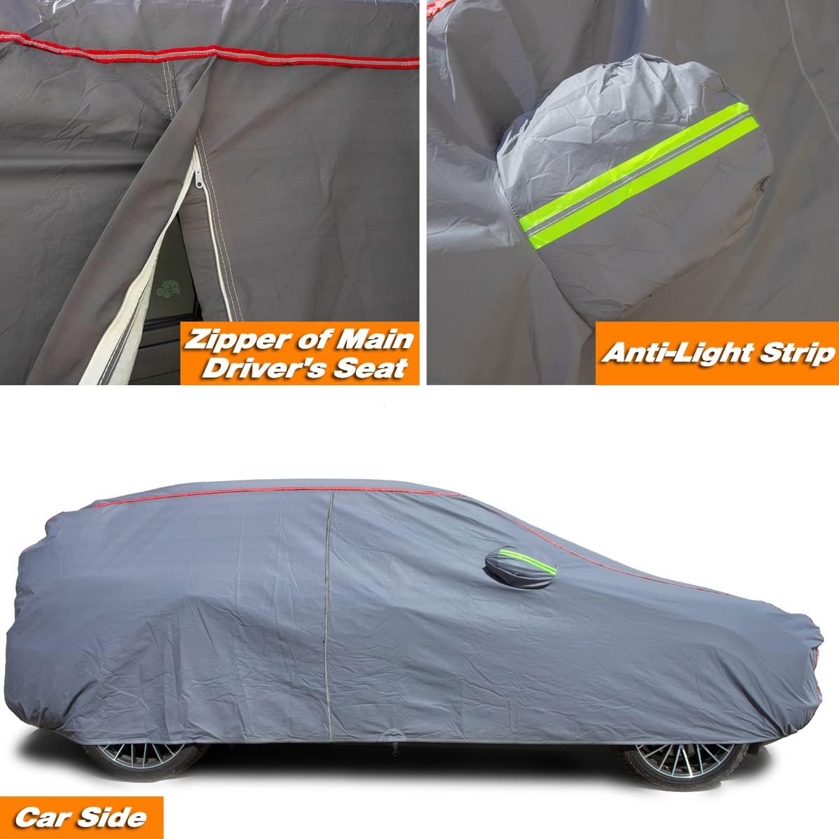 AUQDD 6-Layers PEVA New Material Sedan SUV Full Padded Car Cover Waterproof All Weather Weatherproof UV Sun Protection Snow Dust Storm Resistant Outdoor Exterior Custom Form-Fit Straps 188"-200" Grey