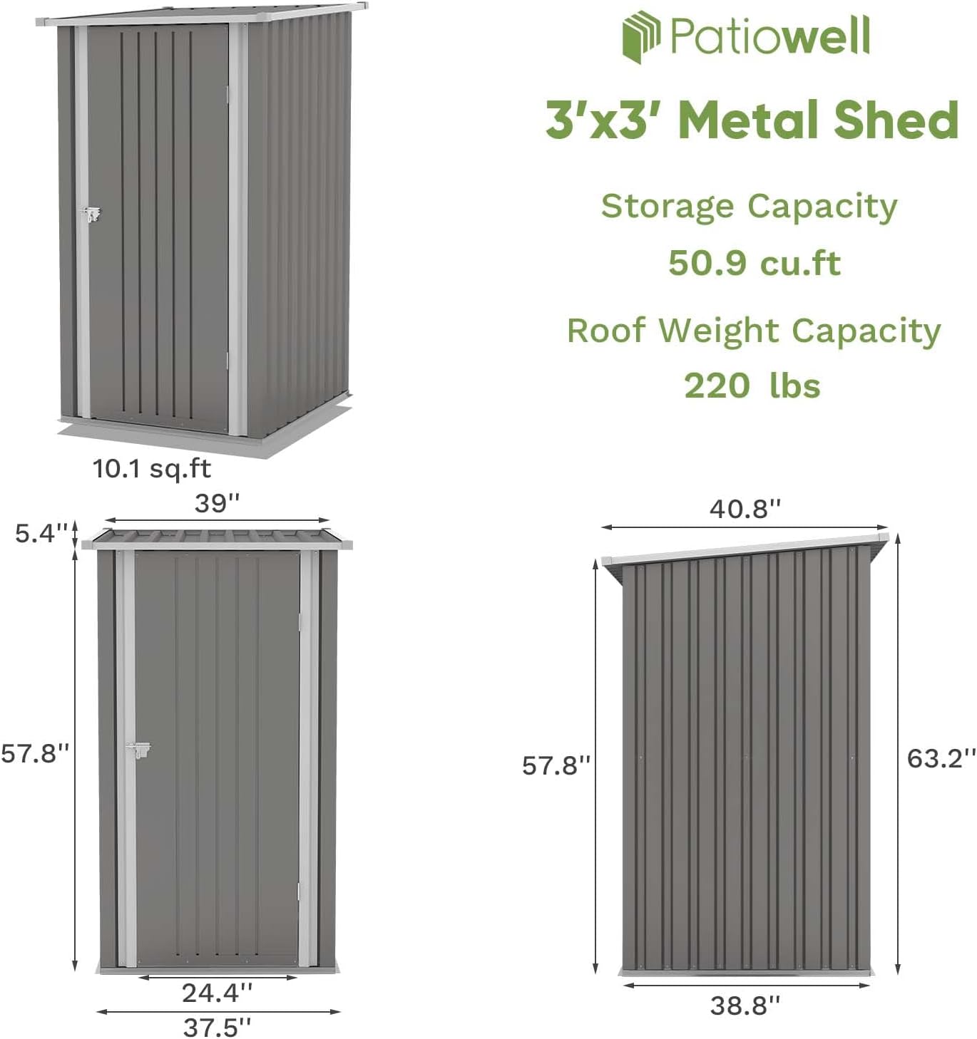 Patiowell 3 x 3 FT Outdoor Storage Shed,Small Garden Tool Storage Shed with Sloping Roof and Single Lockable Door, Outdoor Shed for Backyard Garden Patio Lawn, Grey