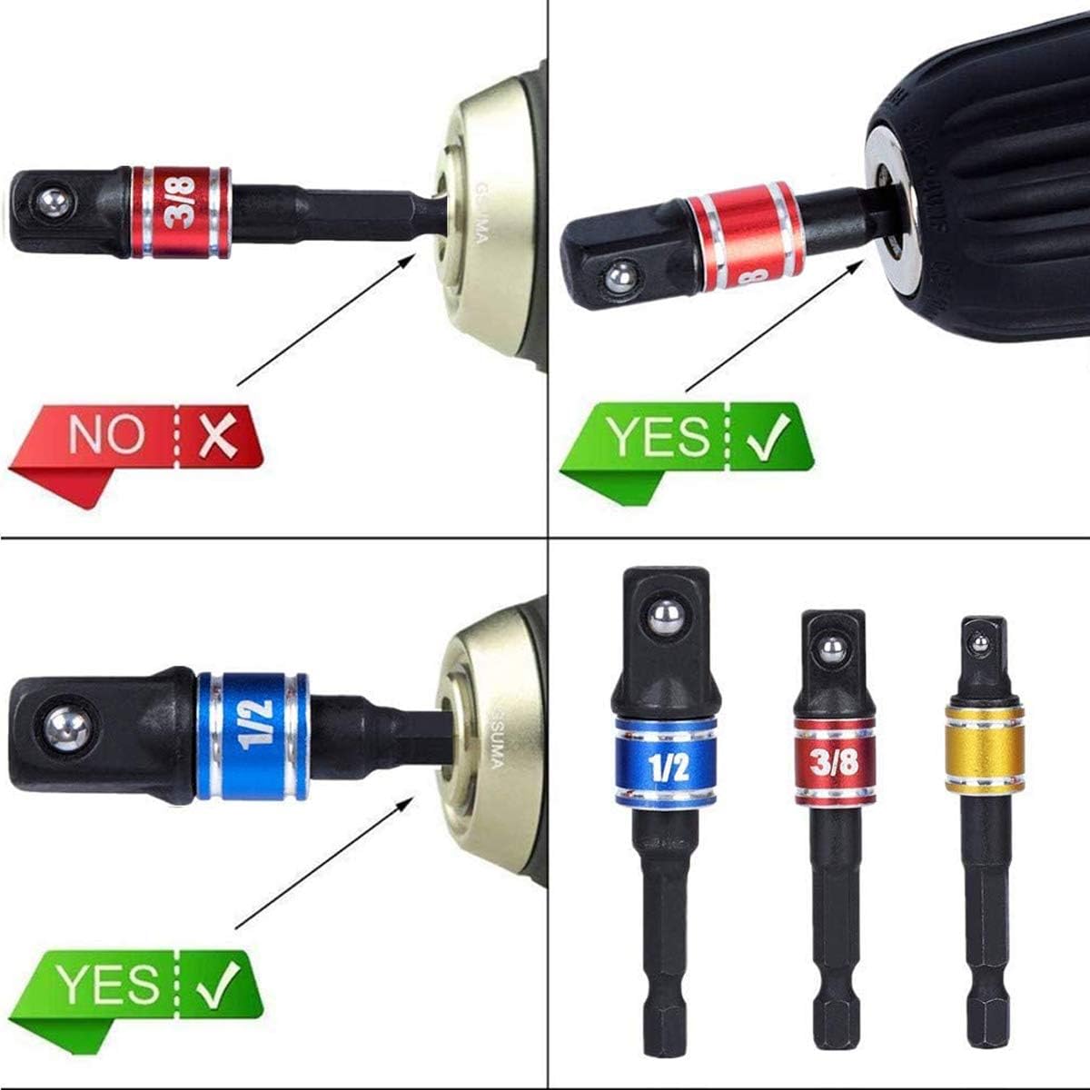 Socket Adapter Extension Set, 1/4, 3/8, 1/2 Inch Hex Shank, Impact Grade, Power Drill to Socket Converter, 3-Piece (Black)