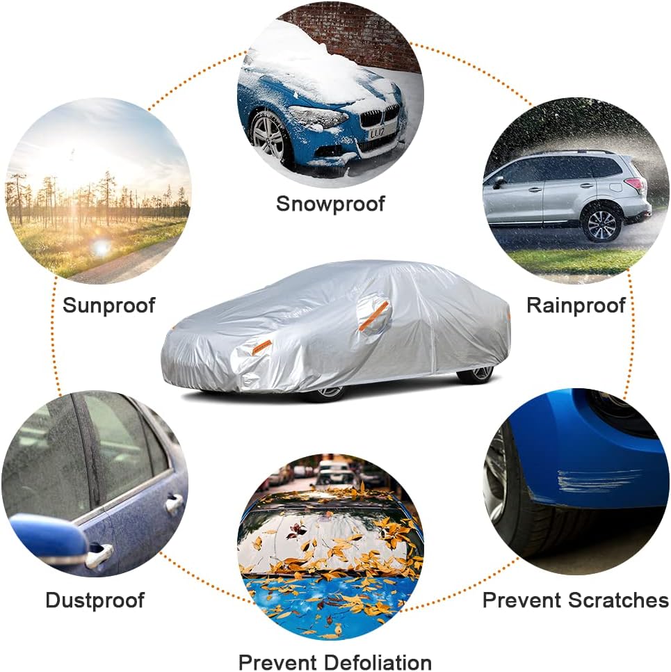 Kayme Car Covers for Automobiles Waterproof All Weather Sun Uv Rain Protection with Zipper Mirror Pocket Fit Sedan Toyota Prius, Mercedes Benz CLK, Cadillac ATS, Nissan Sentra .(178 to 185 Inch) 3L