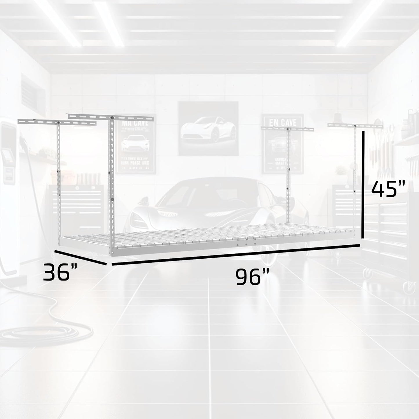 MonsterRax Overhead Garage Storage Racks 3x8’ (2-Pack) Ceiling Mounted Shelving, Adjustable Hanging Organizer, Heavy Duty Steel, Holds 500 Pounds, Color: White, Adjustable from 24"-45" off the Ceiling