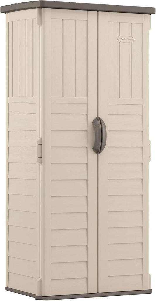 Suncast Vertical Outdoor Storage Shed with Reinforced Floor, Lockable Double Doors, All-Weather Construction, and Multi-Wall Panels, Vanilla, Made in the USA