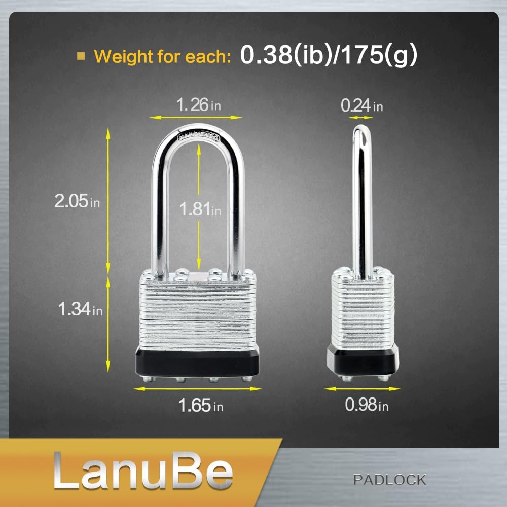 LanuBe Lock Laminated keyed Padlock (1-9/16", 40mm), keyed Alike Locks, Long Shackle,Marked Black Plastic Hoop, Pack of 48
