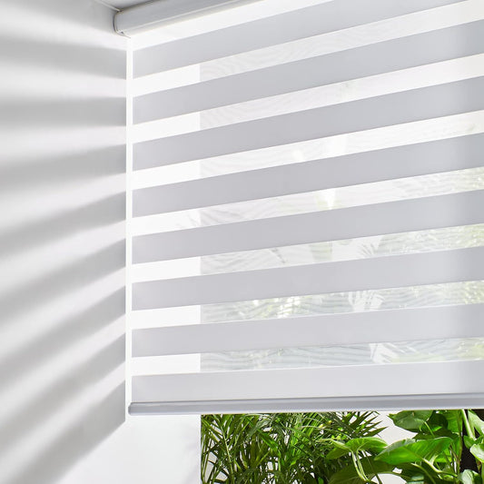 Persilux Cordless Zebra Blinds for Indoor Windows, Free-Stop Light Filtering Sheer Shades, Dual Layer for Day and Night, Roller Shades for Home (31.5" W X 64" H, White)