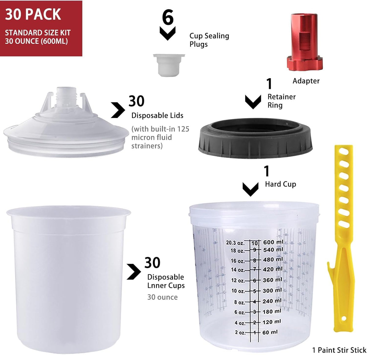 Disposable Paint Mixing Cup Kit,HVLP Paint Sprayer Gun Mixing Cups with 30 Cups and Lids System, 6 Plugs and 1 Hard Cup with Retainer Ring, 1 Cup Adapter,Paint Stirrer (30)