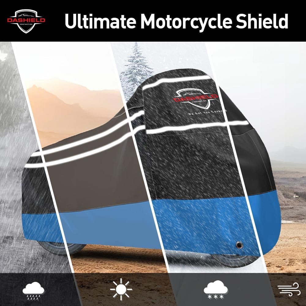 Ultimum Series Motorcycle Cover Waterproof All Weather Protection Universal Heavy Duty Night Reflector with Lock-Holes Compatible with Suzuki Harley Davidson Kawasaki Yamaha Honda Blue Medium