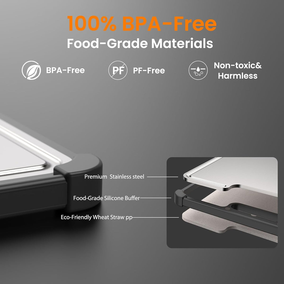Premium 316 Stainless Steel Cutting Board for Kitchen– Double Sided,Non-Toxic& BPA-Free Chopping Board with Food-Grade Steel &Eco-Friendly Wheat Straw PP,for Meat&Vegetables Healthy Organic Board