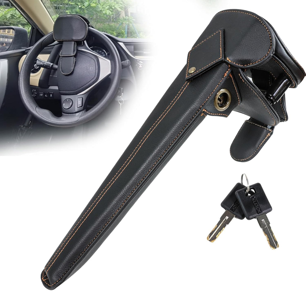 Amorin Leather Car Steering Wheel Lock Anti Theft Device Security Lock with Adjustable Length Fit for Cars Trucks Vans and SUVs with 2 Keys
