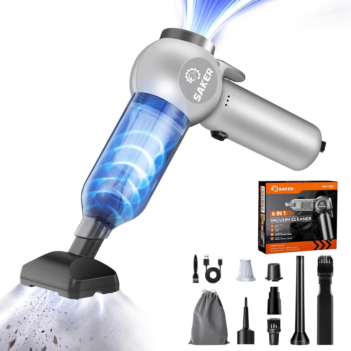 Saker Car Vacuum Portable 6-in-1 Handheld Cordless Vacuums, 20000PA Suction, 7800mAh Blower, Window Breaker, Seatbelt Cutter for Car, Home & Office Cleaning SW102 Silver