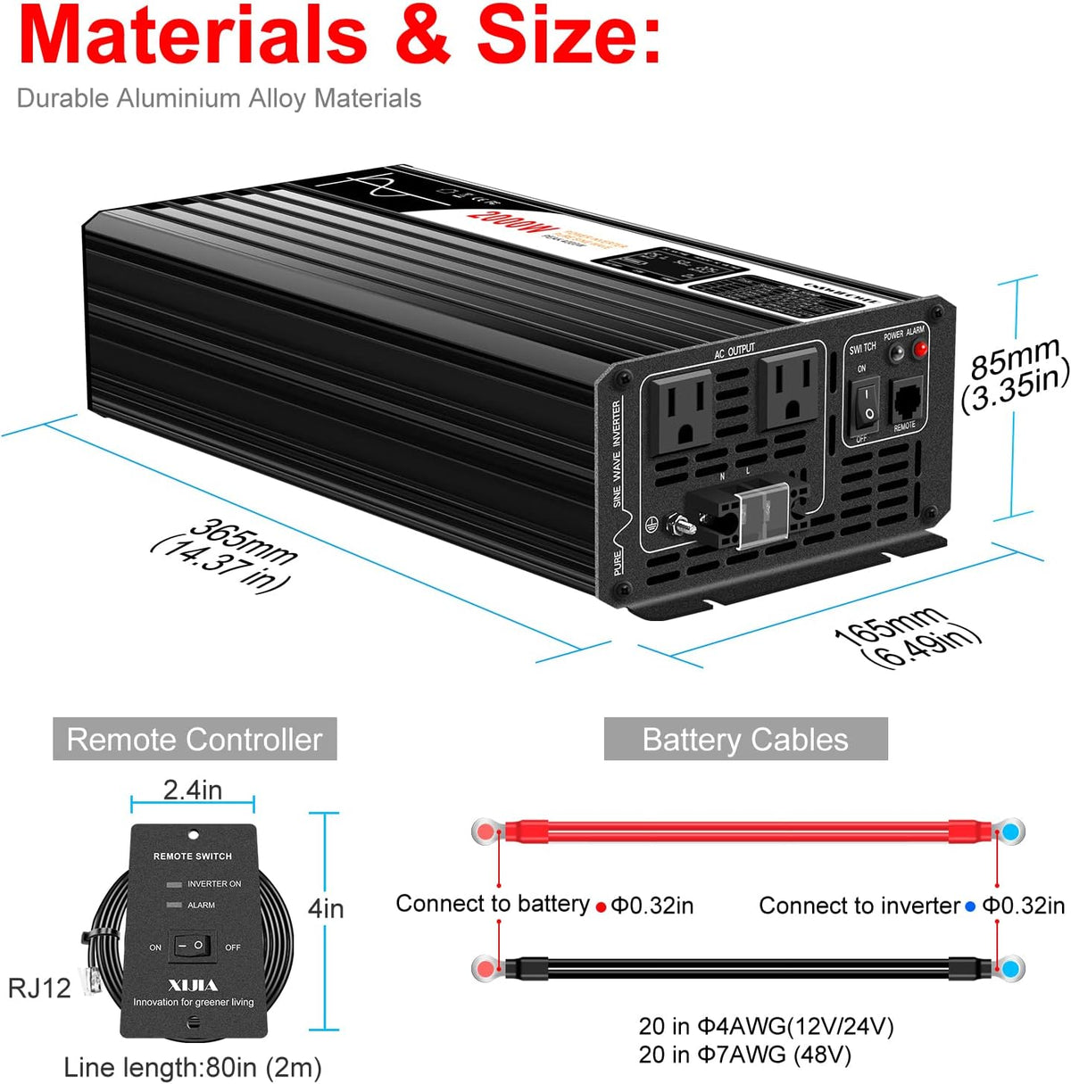 Xijia 2000W (Peak Power 4000W) Pure Sine Wave dc to ac Inverter Remote Switch DC 24V to AC 120V 60HZ Solar Converter for Home car rv &Yacht (DC24V (Range 20V-30V) 2000W)