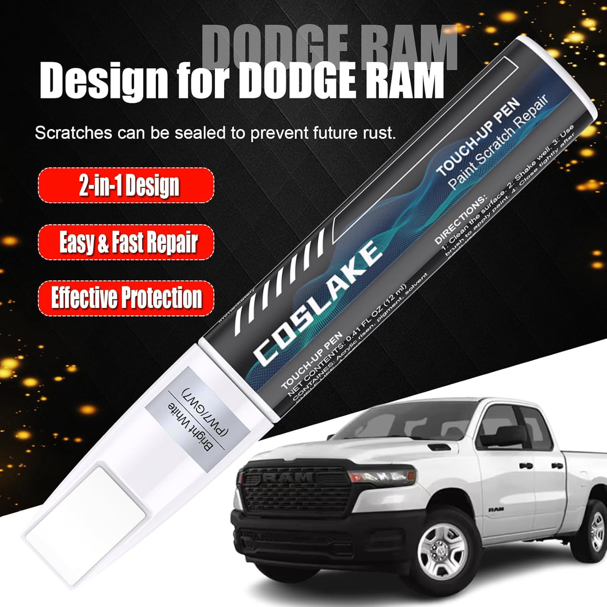 Car Touch Up Paint(Billet Silver Metallic(PSC/JSC)) for Dodge Ram, Car Paint Scratch Repair Kit, Quick & Easy Solution to Repair, Scratch Remover Pen with 2PCS Disposable Micro Applicators