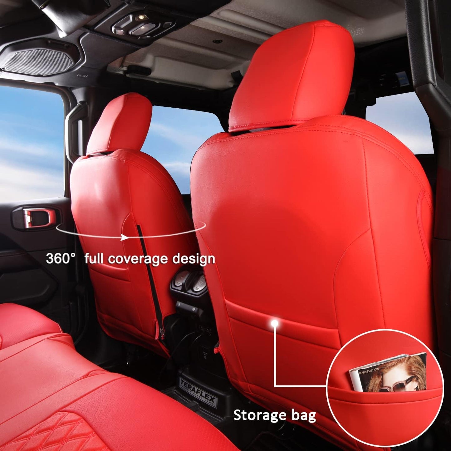GIANT PANDA Customized Full Set Car Seat Covers for Jeep Wrangler 4 Door JL Sahara Sport Rubicon Unlimited Willys 2018 2019 2020 2021 2022 2023 2024 2025 Without Rear Cup Holder,Faux Leather - (Red)