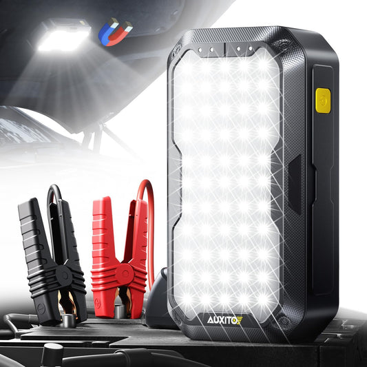 AUXITO Car Battery Jump Starter: 5000A Portable Jump Starter Up to 8.5L Gas and 8.0L Diesel Engines with 2000LM LED Work Panel Light, 12V Safe Jump Box with Camping Light, Power Bank and Jumper