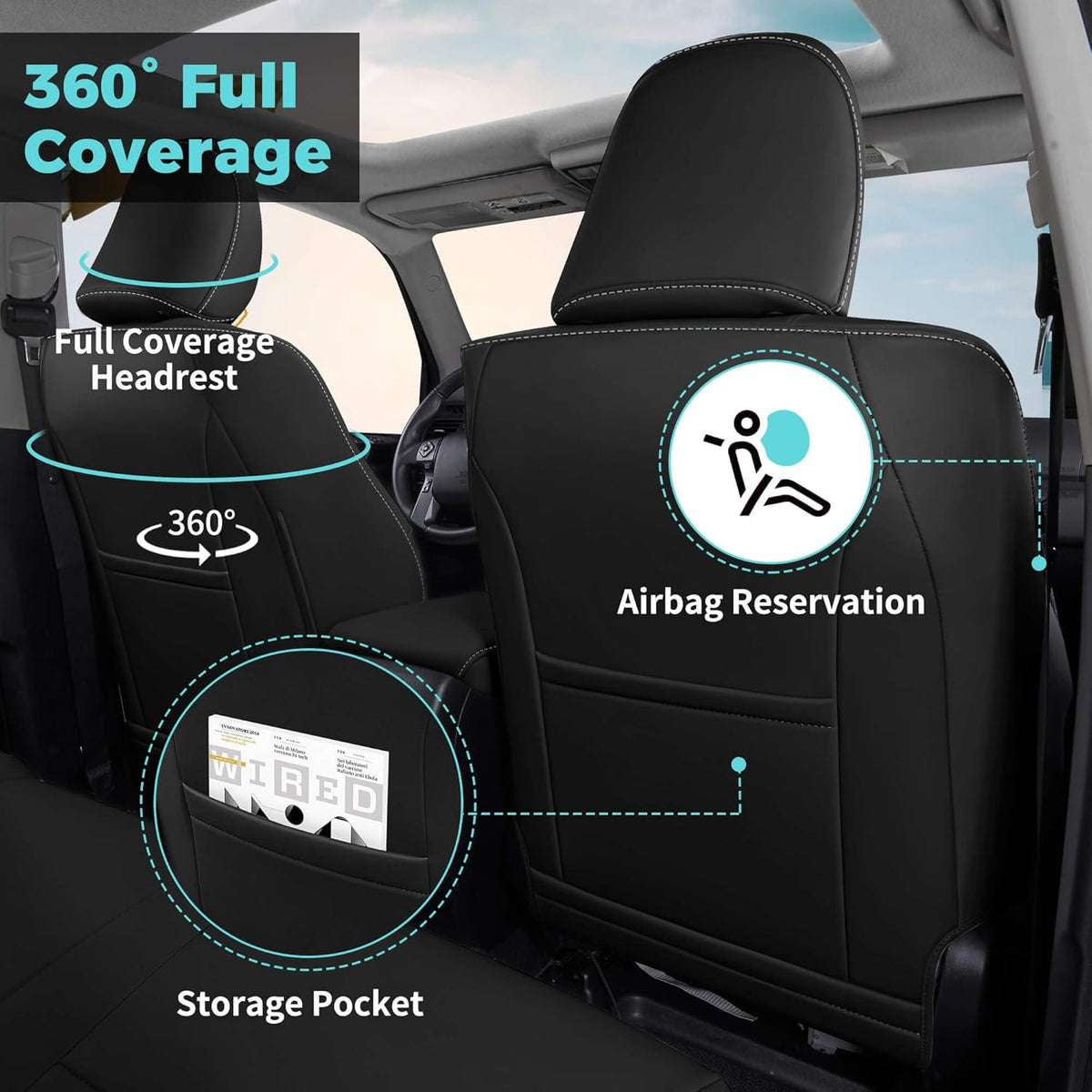 Seat Covers for Toyota 4Runner 2011-2024, Faux Leather Car Seat Cover Full Set, 2-Row-Only for 5 Seats Version-Blackwhite