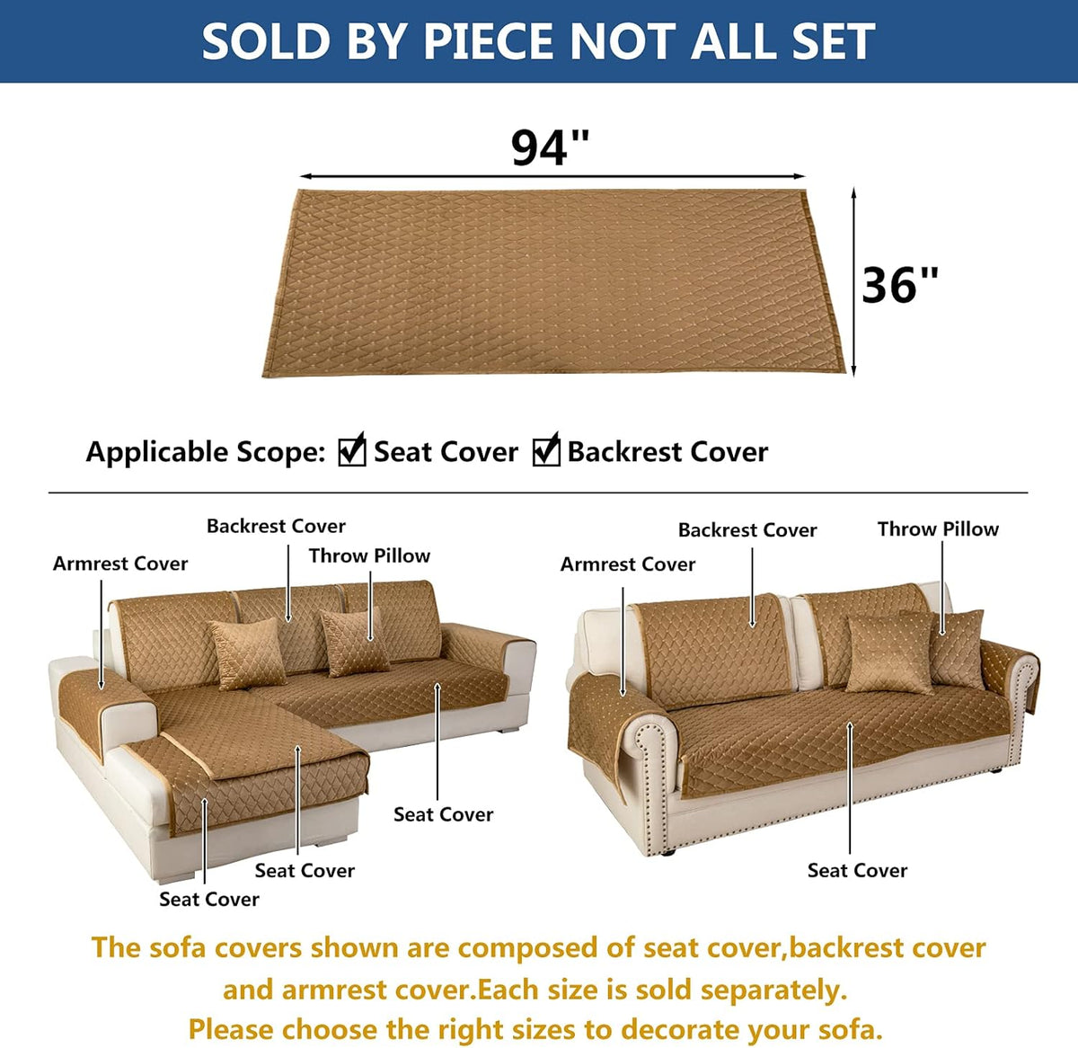 Eismodra Couch Cover,Sectional Couch Covers,Sofa Covers for 3 Cushion Couch,Anti-Slip Sofa Slipcovers for Dogs Cats Kids Loveseat Recliner L Shaped Armrest Backrest,Coffee 36''x94''(Only 1 Piece)