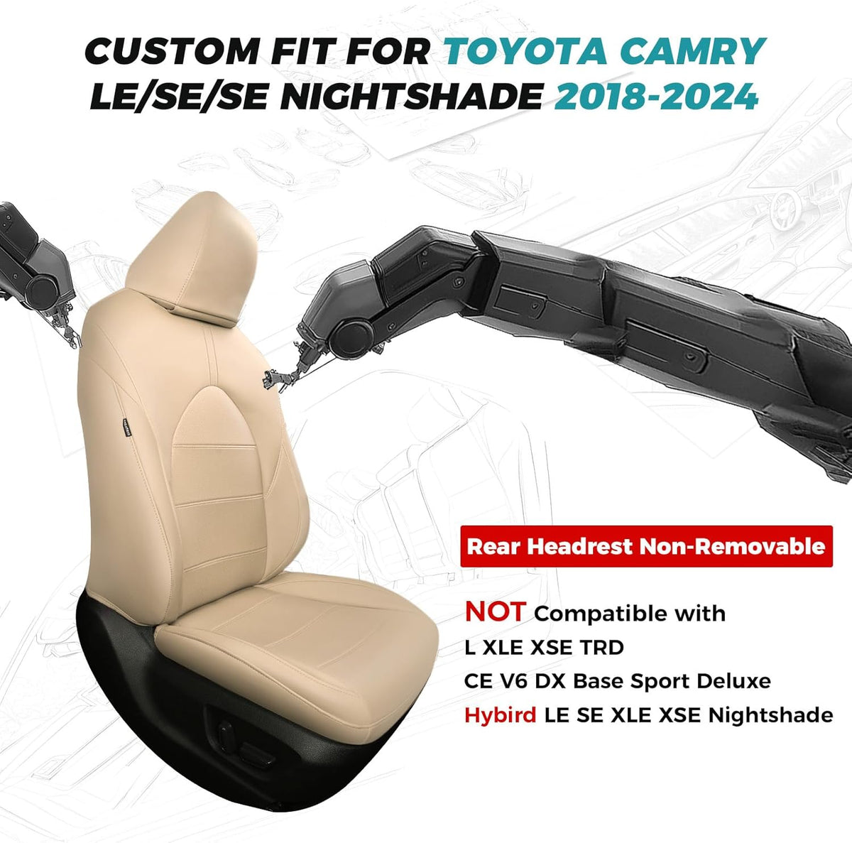 for Toyota Camry Seat Covers LE SE SE Nightshade 2018 2019 2020 2021 2022 2023 2024 - Waterproof Luxury Leather Seat Covers for Cars, Custom Fit Car Seat Covers Full Set, Beige Not for Hybrid