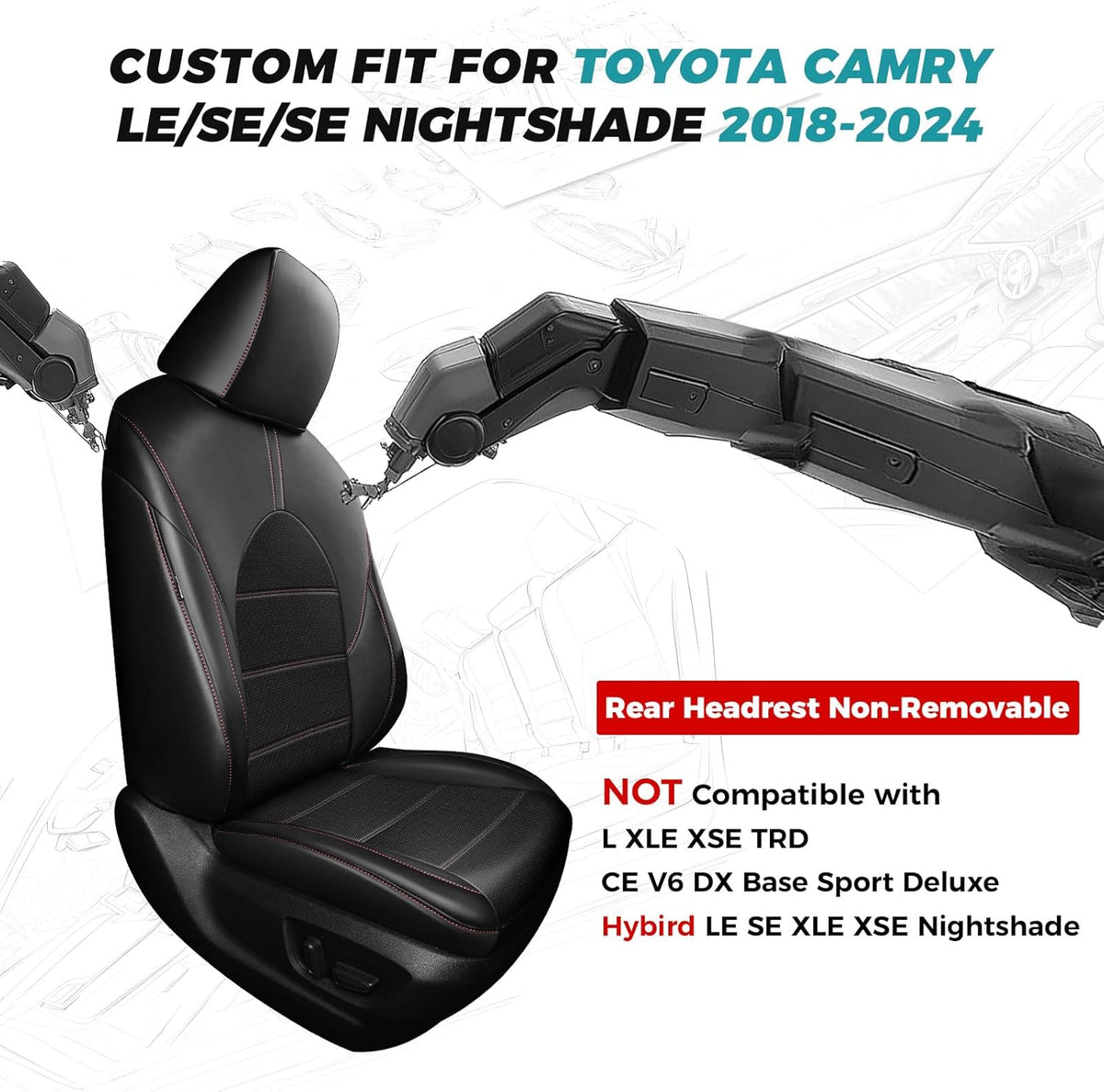 for Toyota Camry Seat Covers LE SE SE Nightshade 2018 2019 2020 2021 2022 2023 2024 - Waterproof Luxury Leather Seat Covers for Cars, Custom Car Seat Covers Full Set, Black Red Not for Hybrid