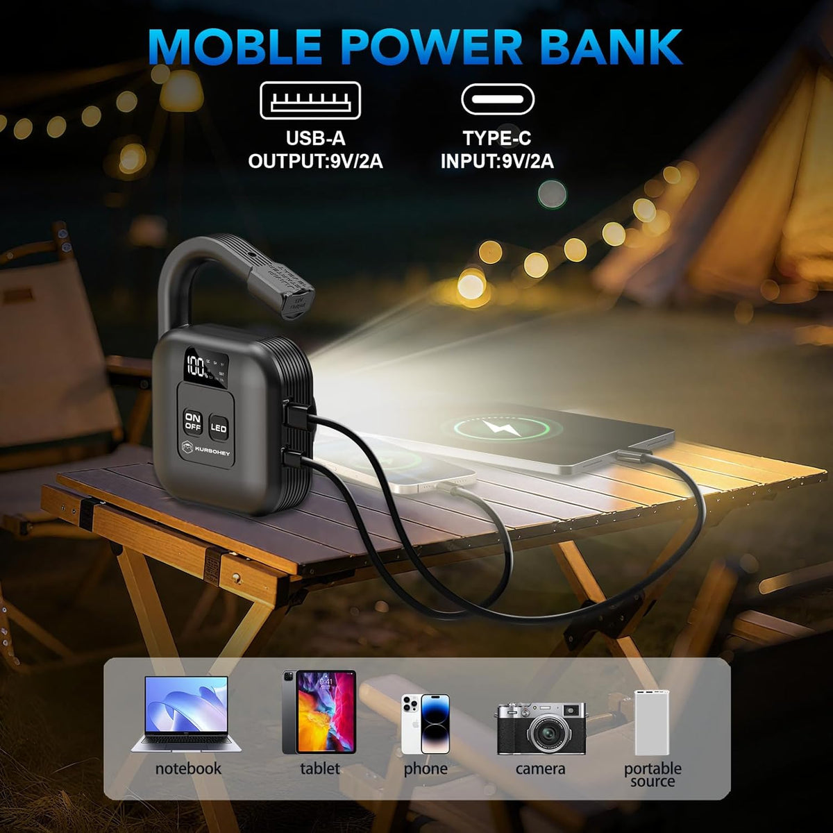 Portable Car Jump Starter with Camp Light, 2000A Peak, Ultrasafe 12V Battery, 8000mAh, for 9L Gas/7L Diesel Engines, Dead Battery Booster, USB Output Power Bank