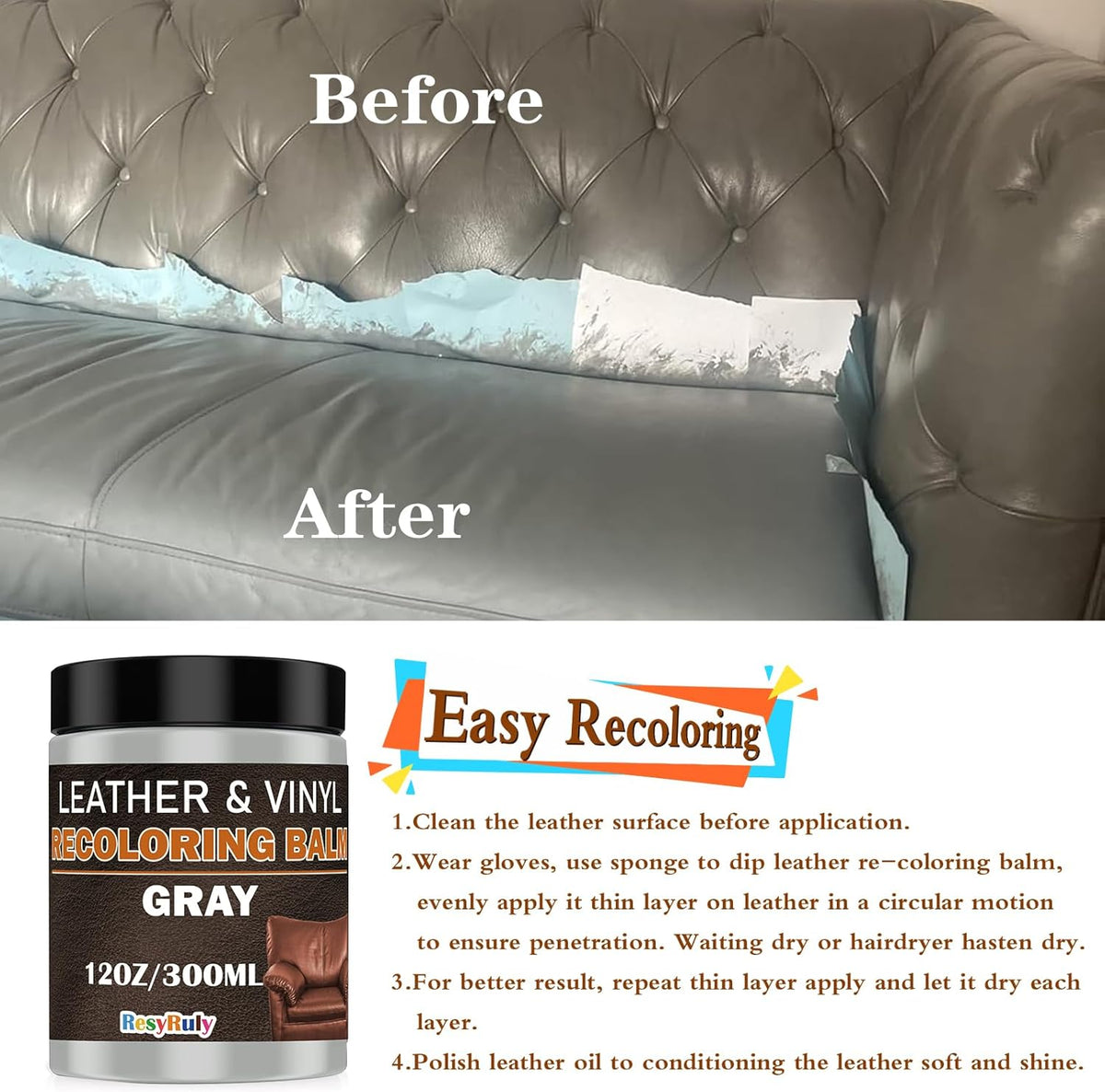 Gray Leather Recoloring Balm Vinyl Auto Dash Board Car Seats Interior Paint Furniture Dye Color Restorer Shoes Sofa Gloves Jacket Purse Bag Couch Stain Remover Fade Scratches Wear Out Repair
