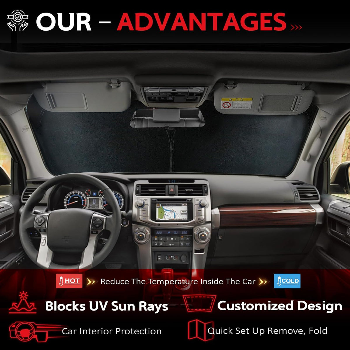 KAYZT Windshield Sun Shade for Toyota 4Runner 2010-2024 4-Runner Foldable Sunshade SUV Front Window Custom Fit Accessories