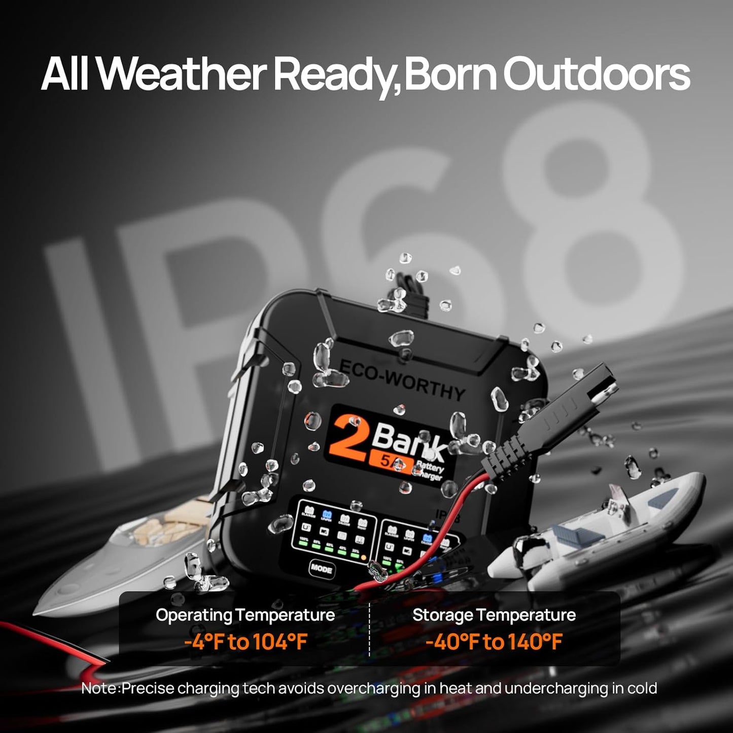 ECO-Worthy 2-Bank Marine Battery Charger 10A (5A/Bank), IP68 Waterproof 12V Charger & Maintainer for Boat RV Car, Lead-Acid LiFePO4 & Calcium Battery Desulfator