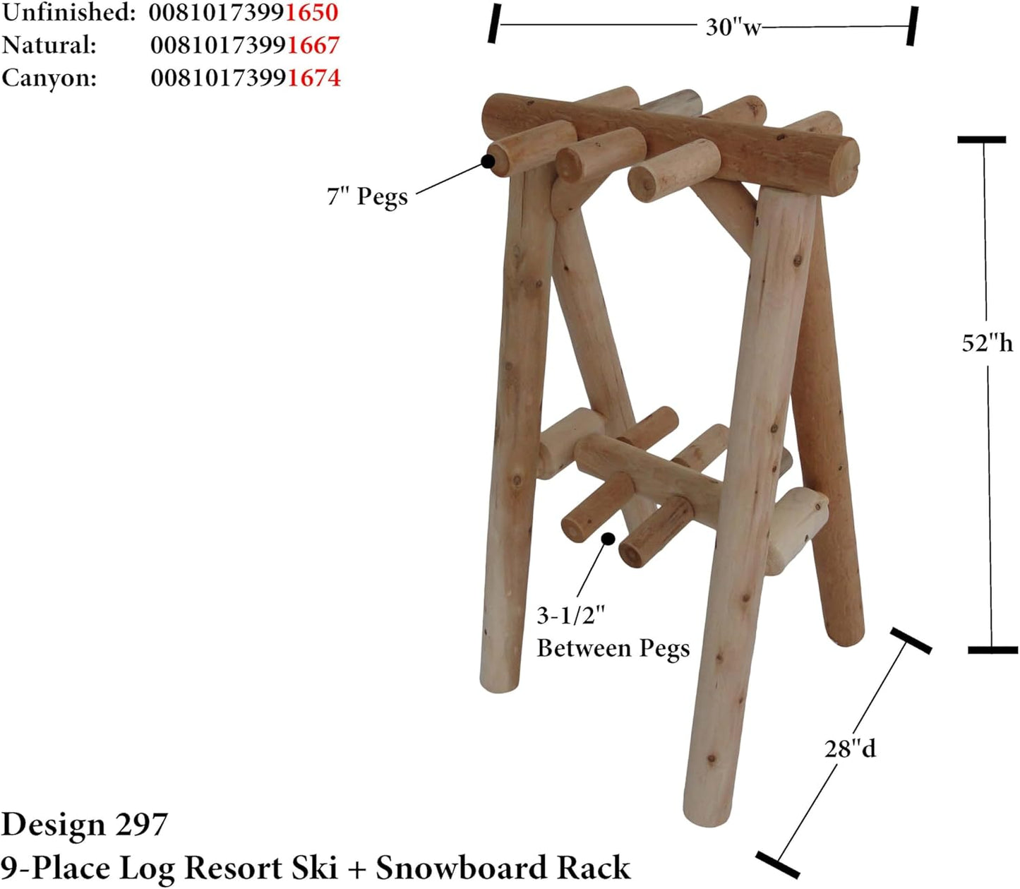 9-Place Freestanding Log Ski Rack Holder, Indoor & Outdoor Snowboard Racks, Standing Storage, Garage Racks for Snow Skis & Poles, Durable Snowboard Rack Garage Storage Organizer - Unfinished