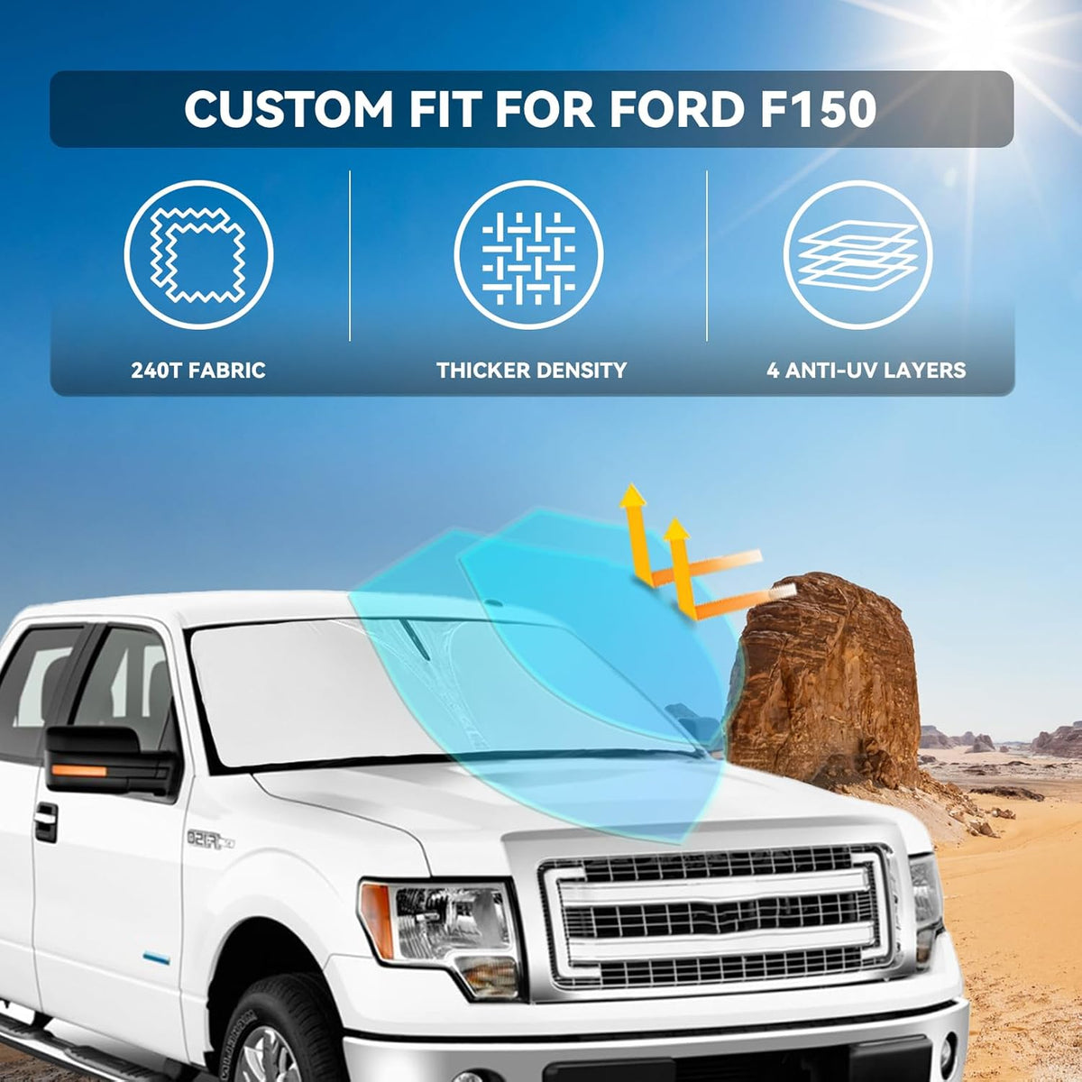 for Ford f150 2012-2014 Windshield Sun Shade - 4 Layers Car Sunshades for Front Windows Shade Cover Custom Fit f150 Sun Visor 240T Retractable Shade Blocks UV Rays Car Accessories